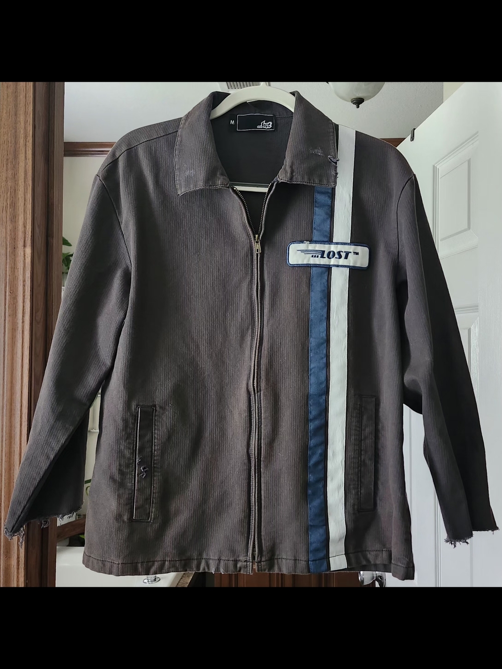 Lost Men's Brown Zip-Front Shirt Jacket with Blue and Cream Racing Stripes